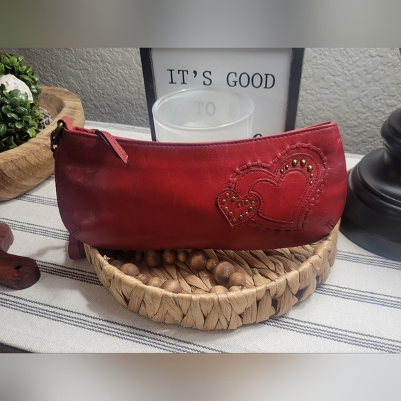 Fossil Handbags - Vintage Hearts Fossil Clutch Wristlet Genuine Leather Red Hearts Brass Accents